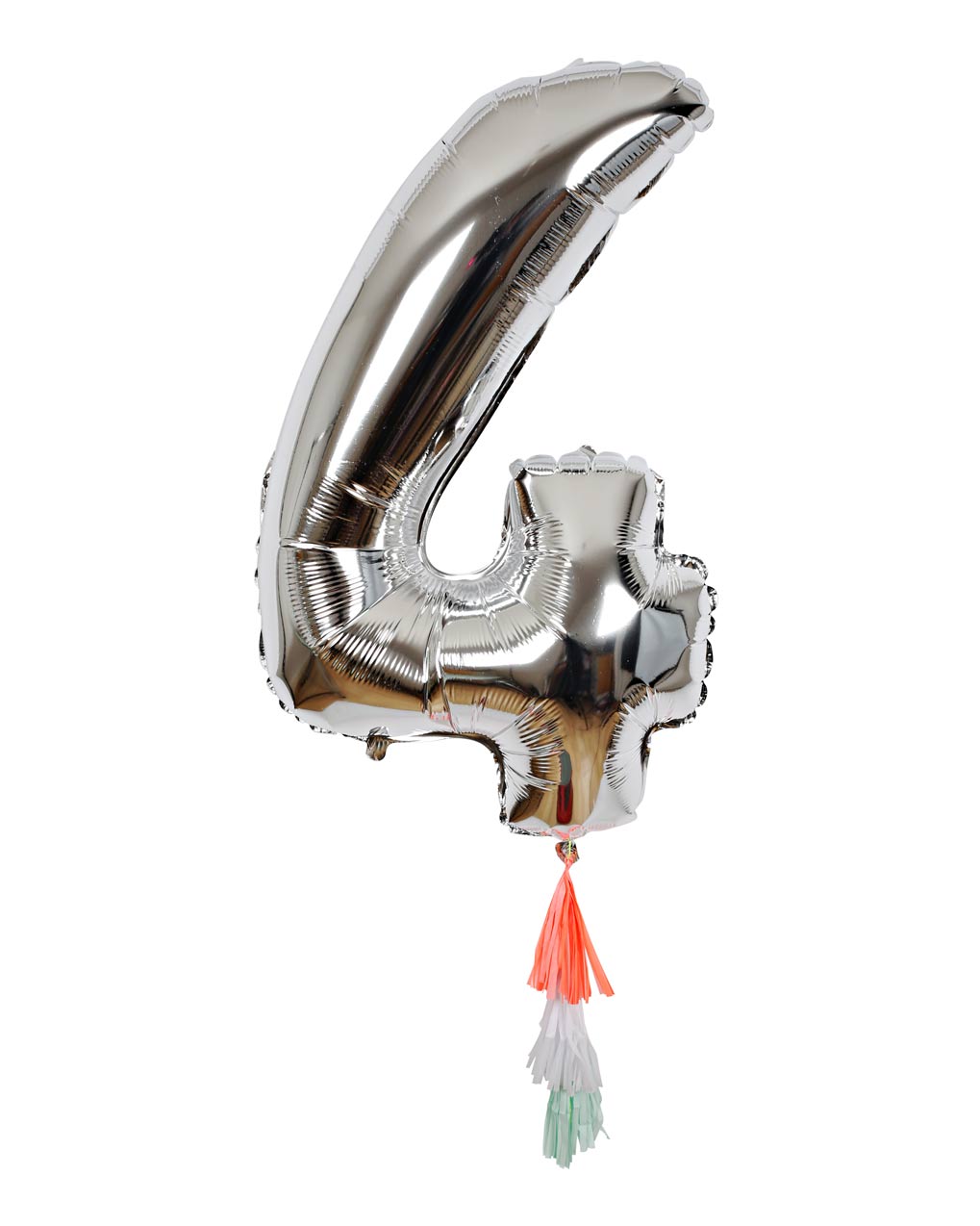 Kæmpe folie ballon i sølv udformet som 4-tal med kvaster