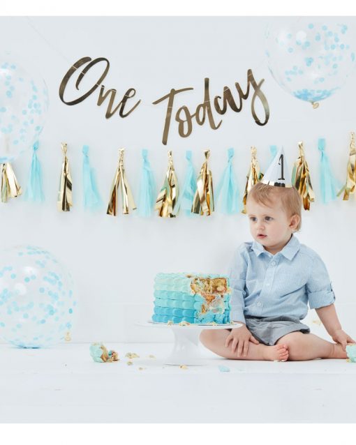 Cake smash kit i lyseblå og guld til 1 års fødselsdag for drenge