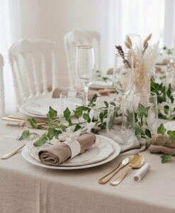 natur borddækning med beige farver og blad guirlander