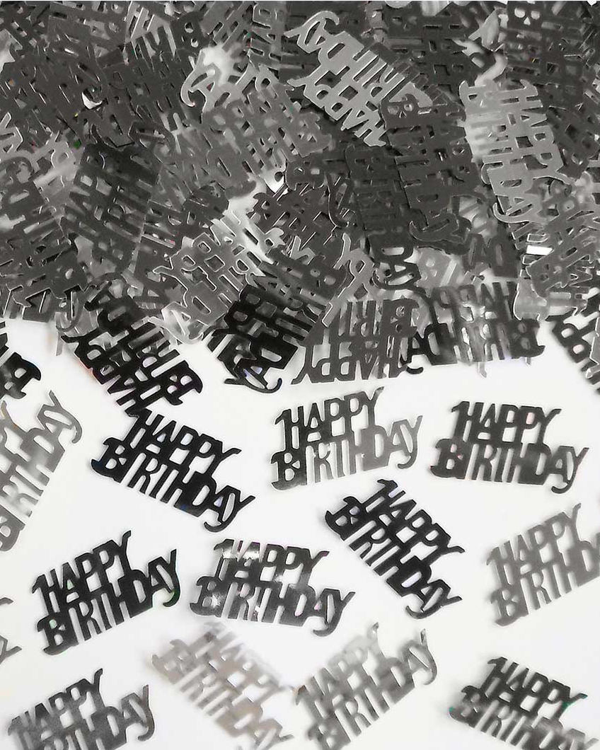Sort og sølv Happy Birthday konfetti | Pynt til fødselsdagsfest