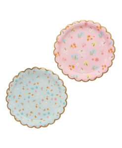 Blomstrede paptallerkener - pastelfarver med guld kant