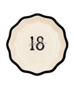Cremefarvet og sort "Hello 18" paptallerkener