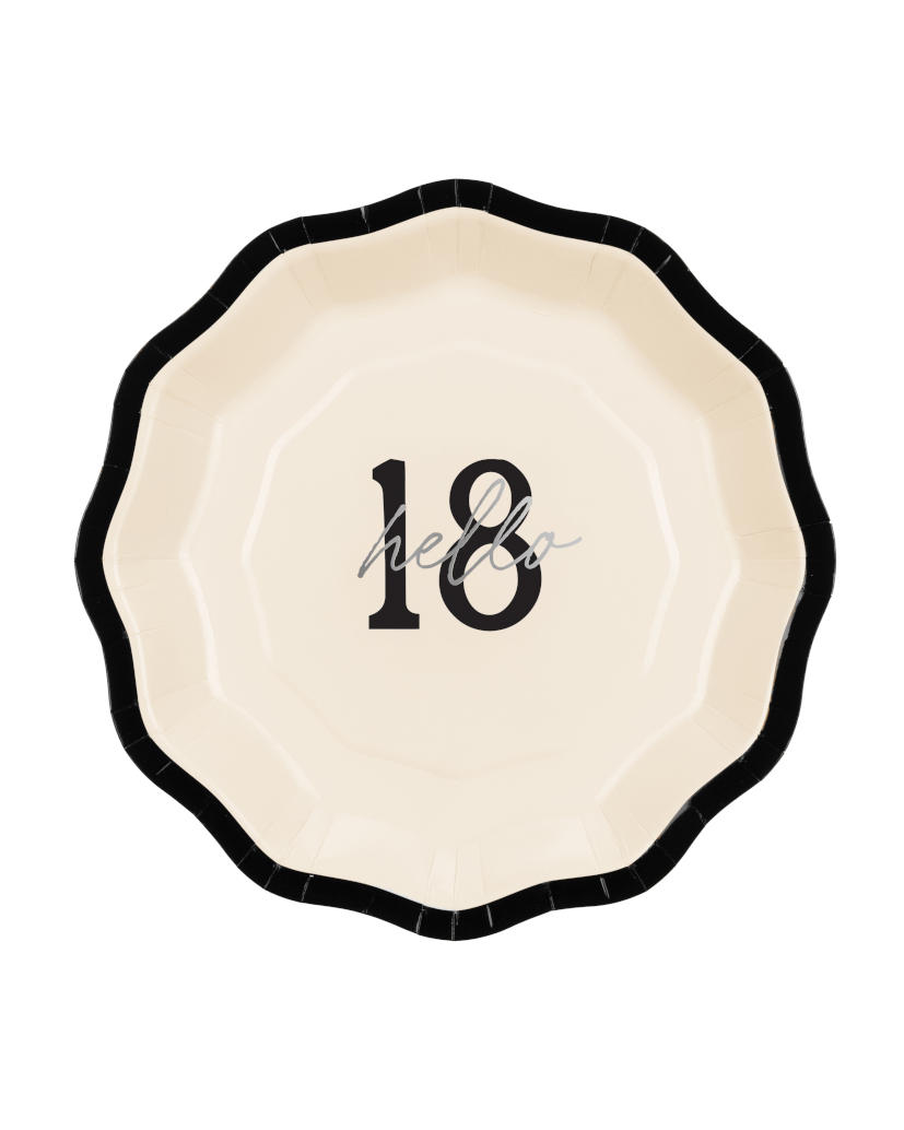 Cremefarvet og sort "Hello 18" paptallerkener