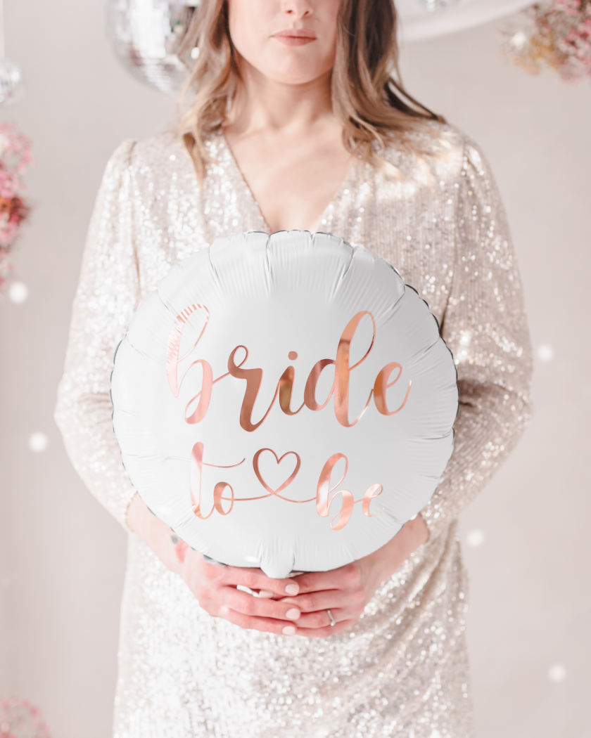 Hvid og rosa guld "Bride to be" folieballon