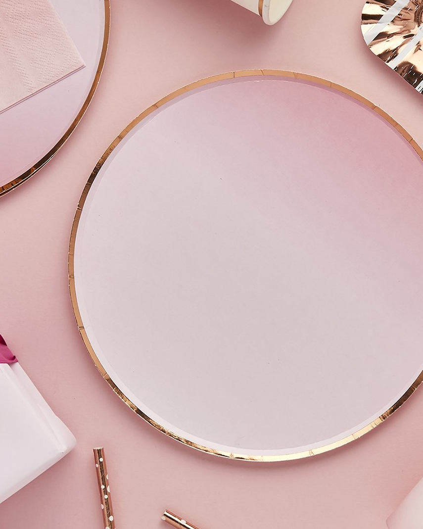 Ombre blush lyserøde paptallerkener med rose gold kant - Billede 2