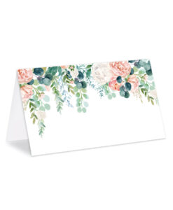 Bordkort med lyserøde blomster og eukalyptus til bryllup